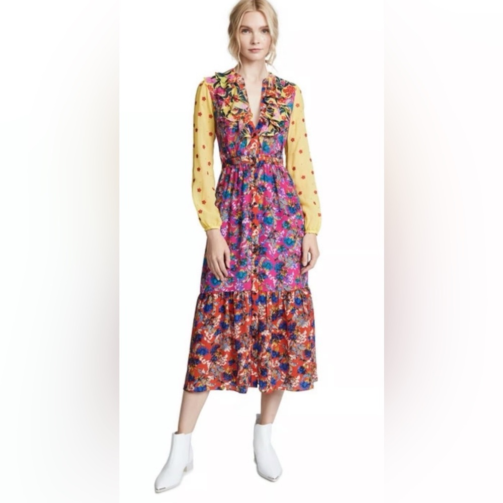 Saloni Red Pink Long Sleeve V-Neck Sundress